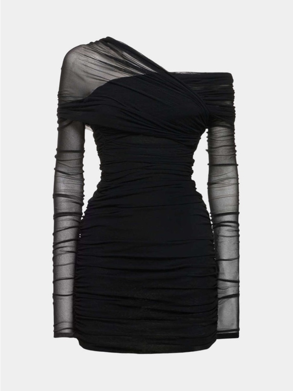 Zara Black One-Shoulder Ruched Mesh Bodycon Dress